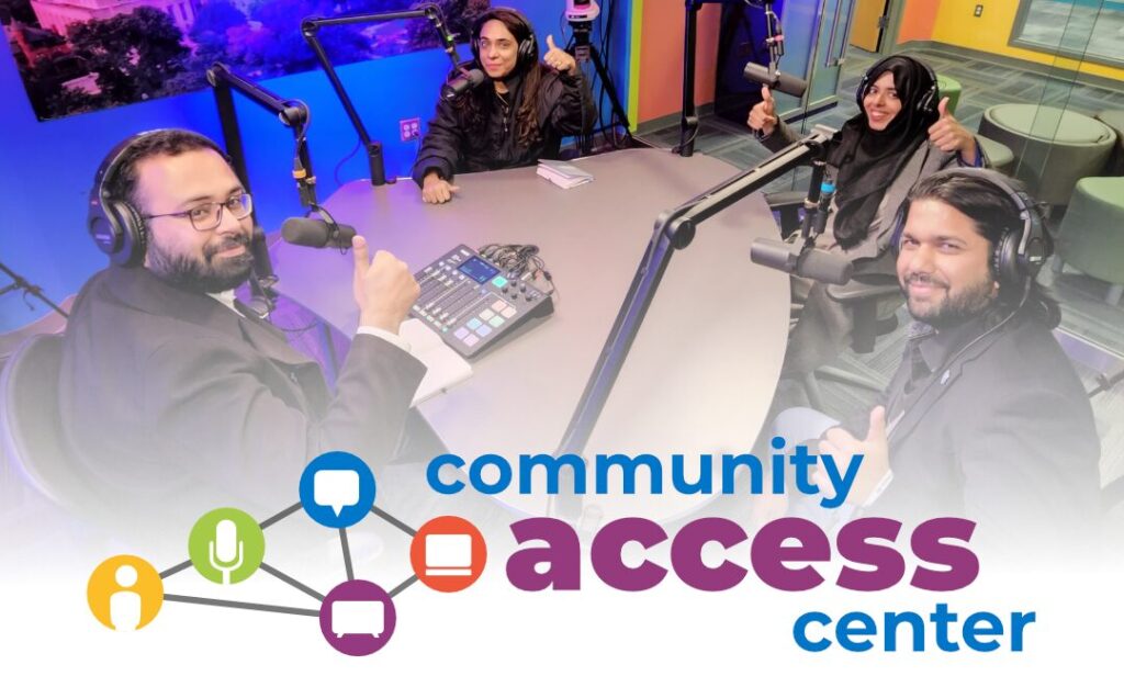 community access logo over picture of four people in vidcast studio