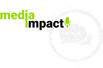 media impact logo over background image looking down from above on people forming shape of speech bubbles