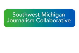 Southwest Michigan Journalism Collaborative in white text on blue and green gradient background