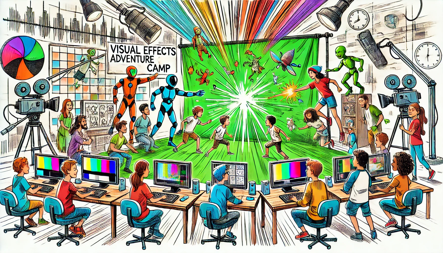 Colorful sketch of kids doing media activities in studio with a green screen and at computers