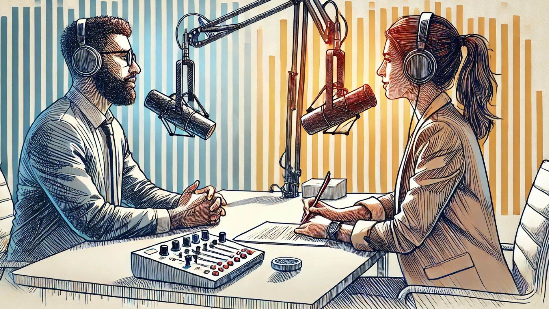 Sketch of two people in a podcast studio