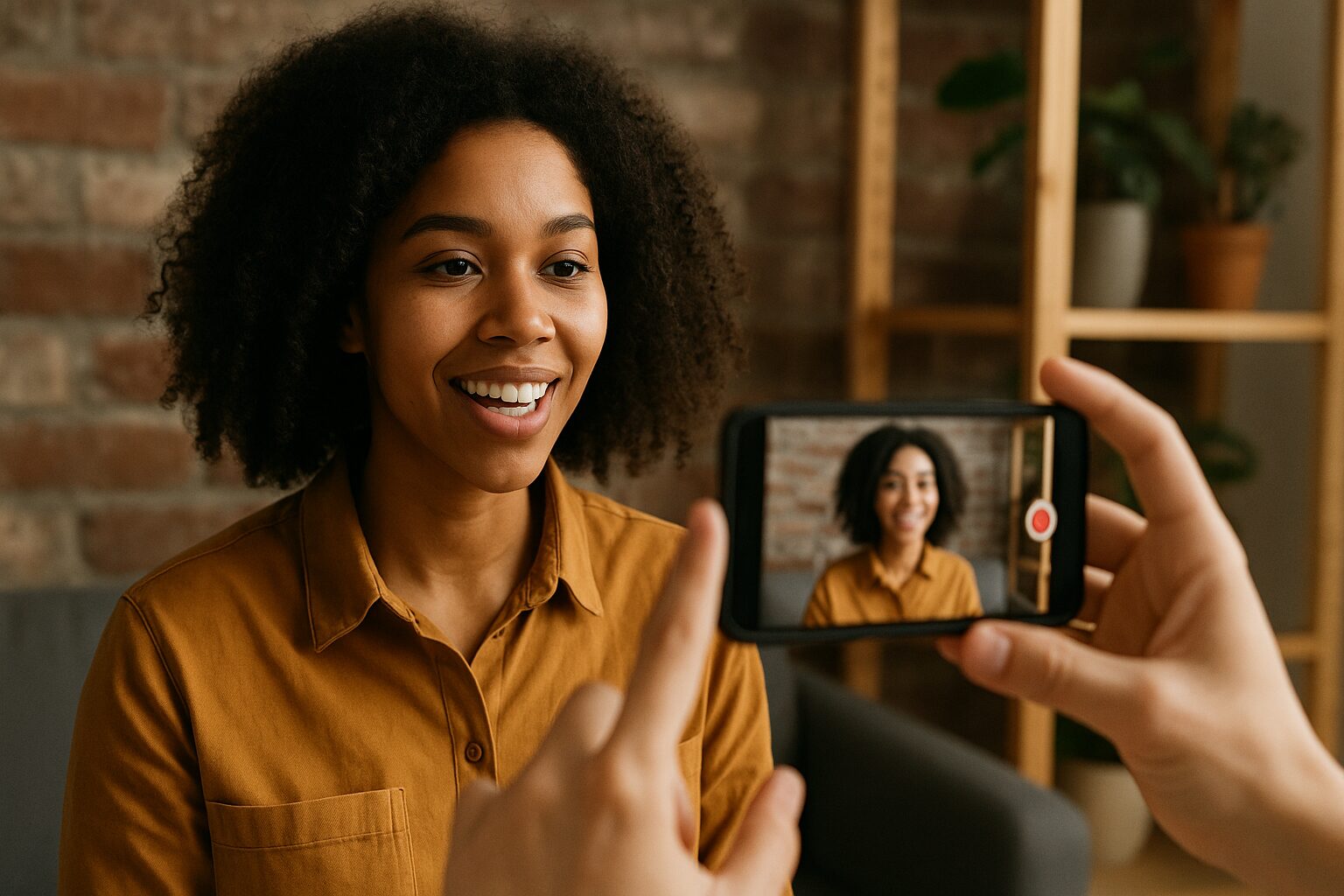 An African American Female smiles while speaking as she is recorded by a person holding a smartphone in the foreground