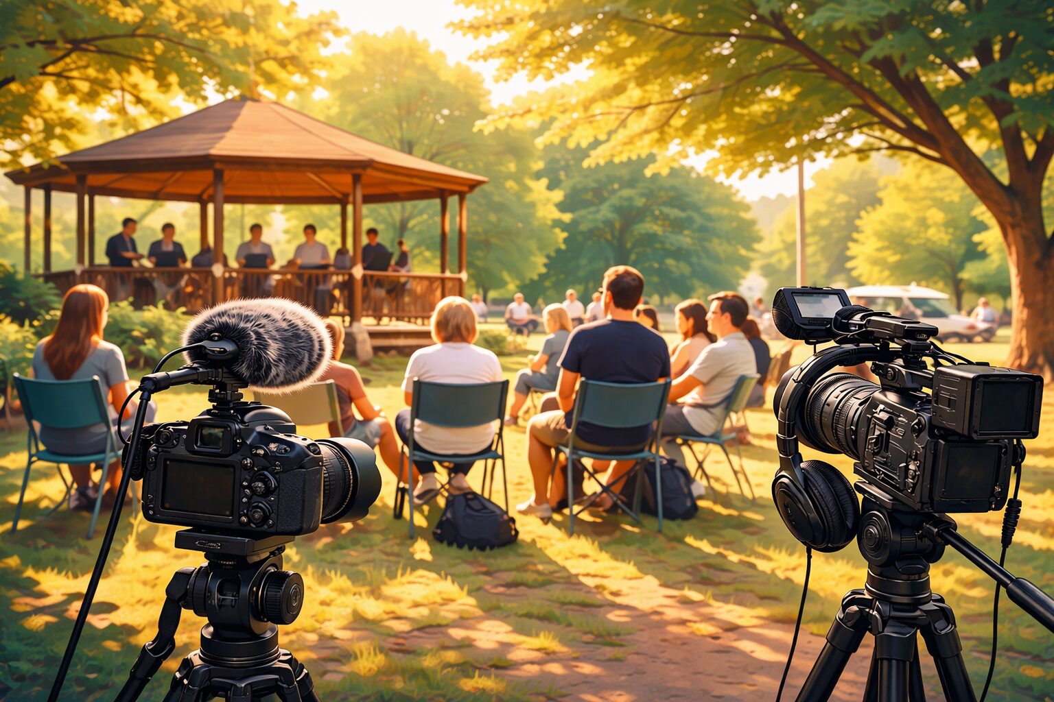 Stylized image of a park with people sitting in chairs by a gazebo awith cameras in the foreground