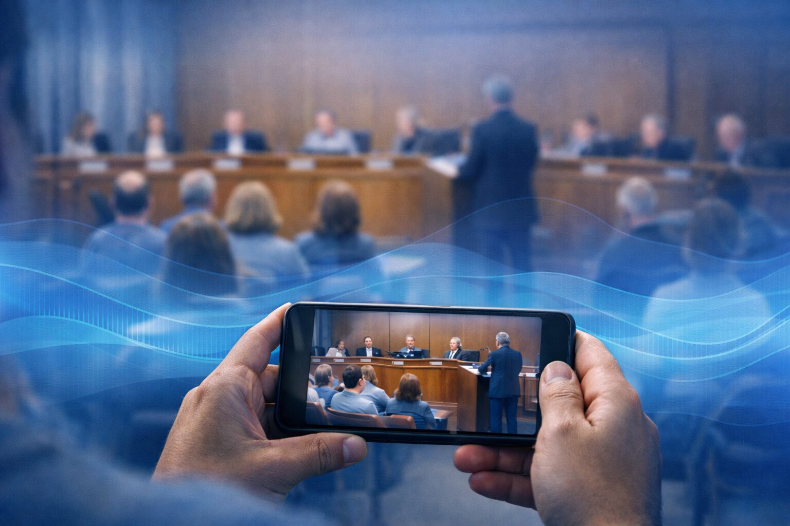 Hands holding a mobile phone with an image of a government meeting in the foreground and blurred image of that government meeting in the background