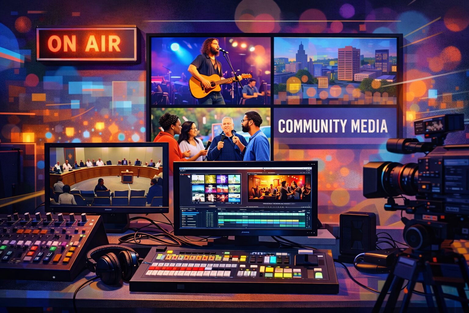 Abstract image of media production equipment and monitors with city scenes, artists, government meetings