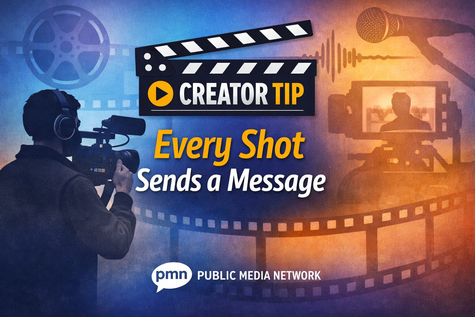 Thumbnail for the Public Media Network blog post “Creator Tip: Every Shot Sends a Message,” featuring a videographer filming with a professional camera, a silhouetted subject visible on a camera screen, and a clapperboard labeled “Creator Tip.” Film reels, a microphone, and a film strip overlay appear over a blue and orange gradient background, with the PMN logo and “Public Media Network” at the bottom.
