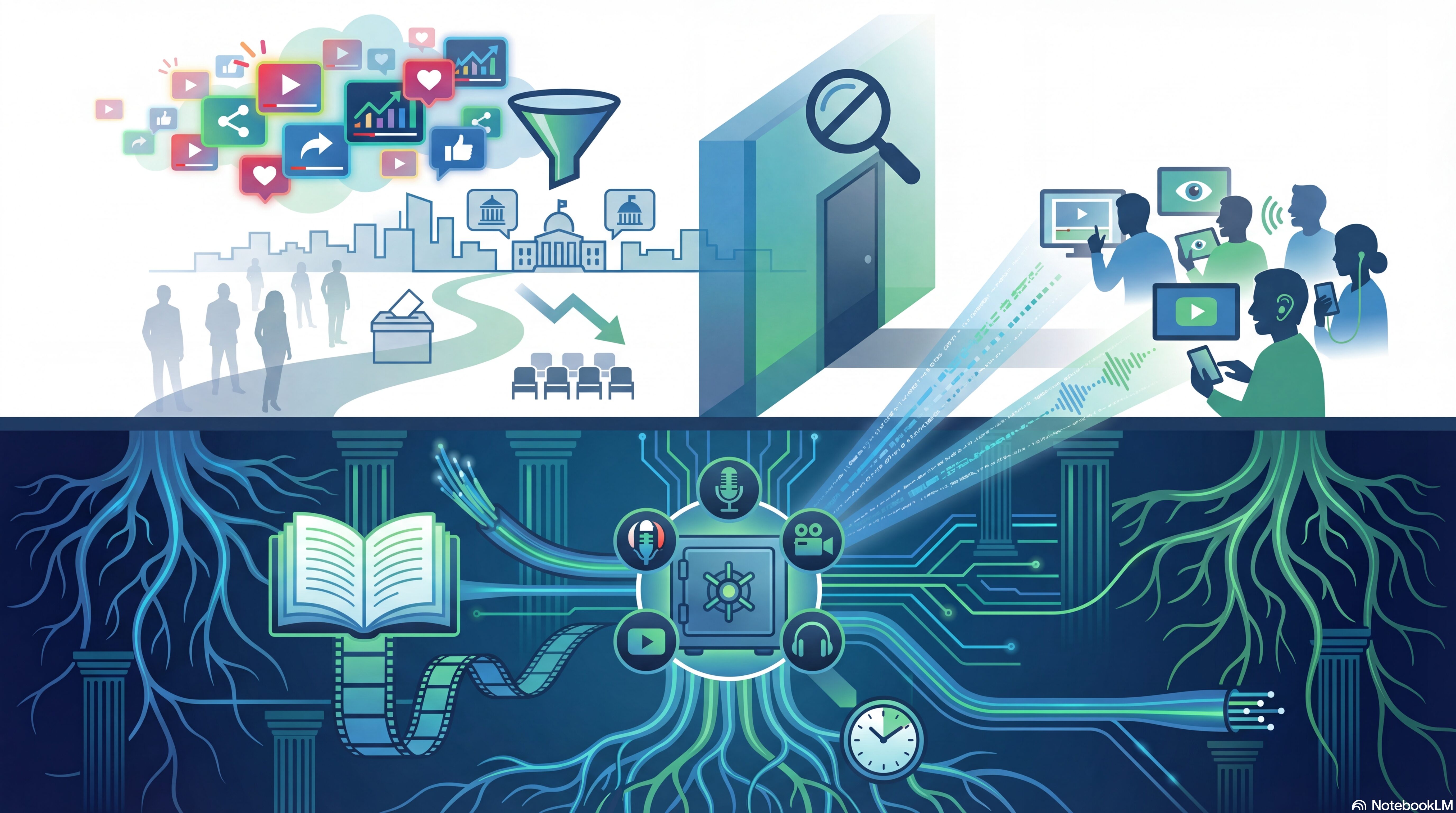 Alt text: A two-panel illustration contrasting the challenge and solution of civic information access. The top panel shows social media content flooding through an algorithm filter while civic buildings and voter turnout fade into the background. The bottom panel depicts a central media archive — with icons for video, audio, and recording — connected by roots and circuits to pillars of civic infrastructure, books, and film, representing the preservation and distribution of the public record.