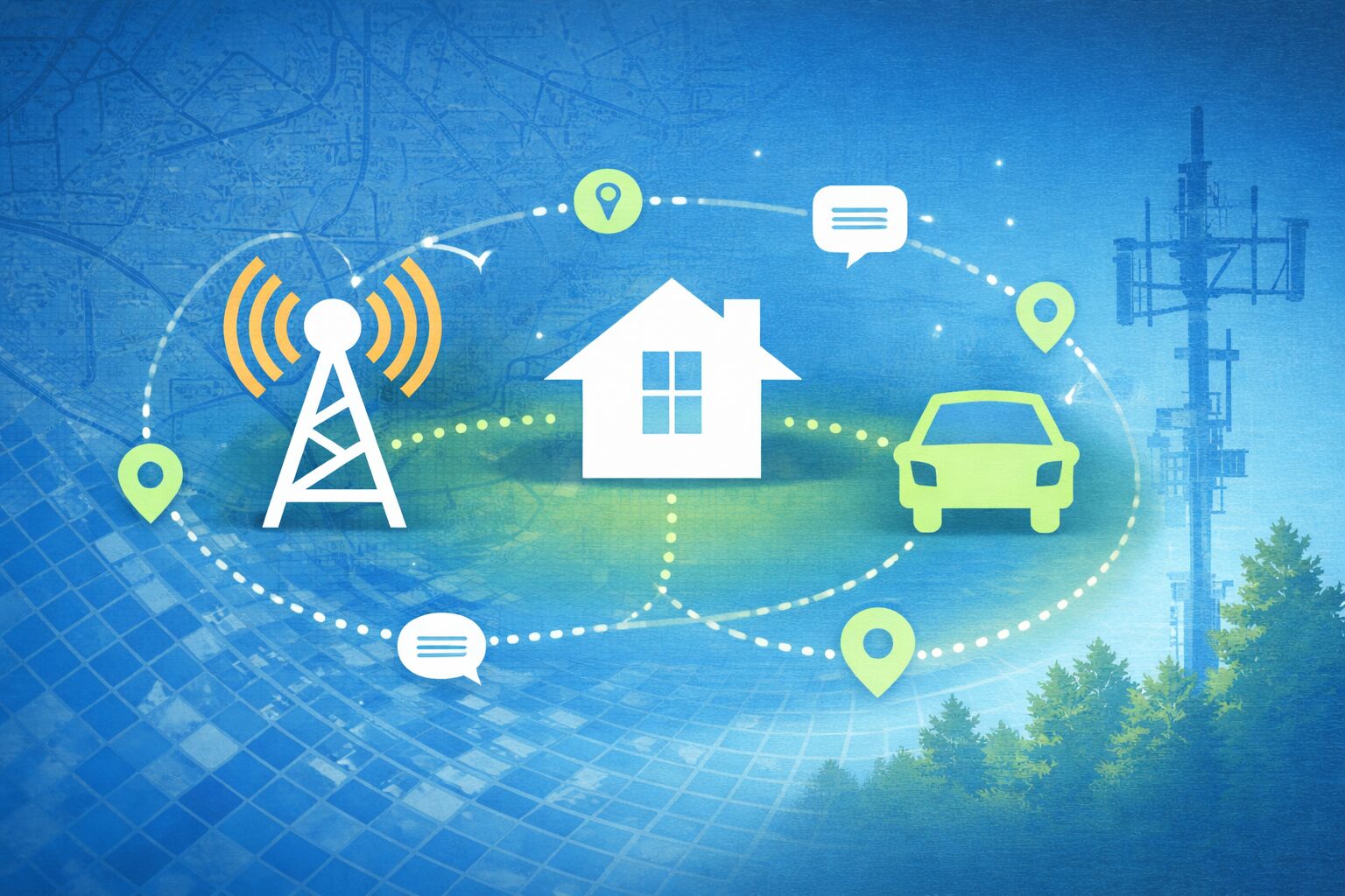 Illustration of a house connected by dotted lines to a cell tower, car, and location markers over a blue map background, symbolizing community communication networks and infrastructure.
