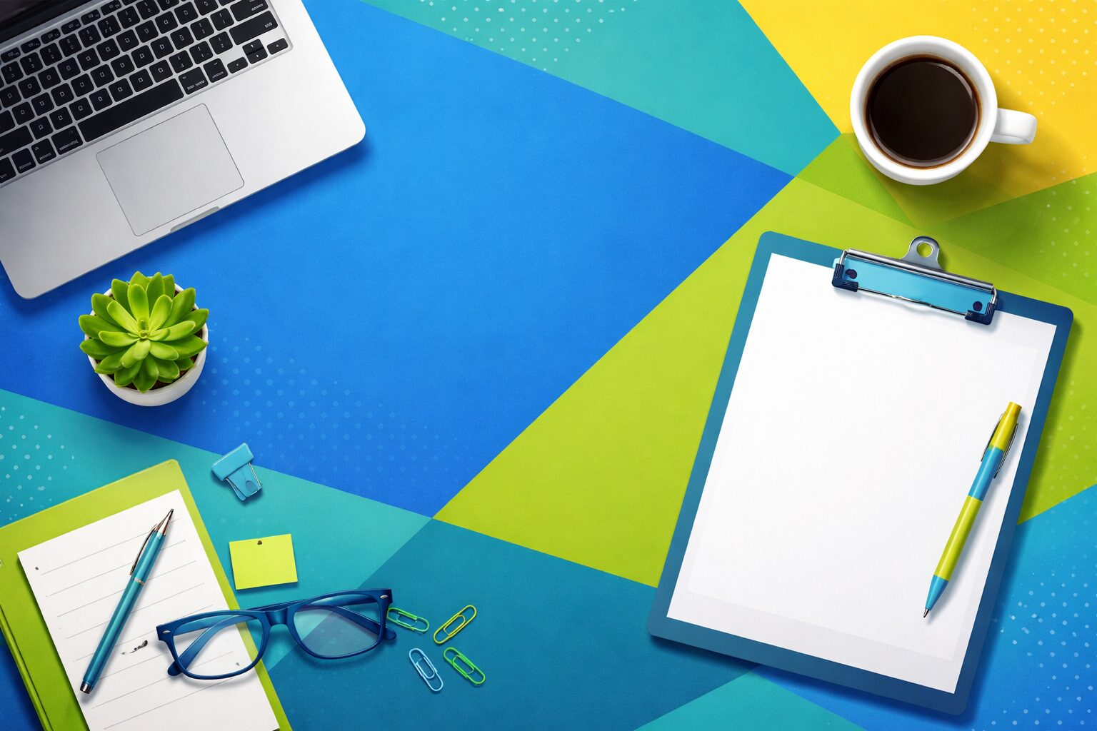 vibrant office essentials on geometric backdrop