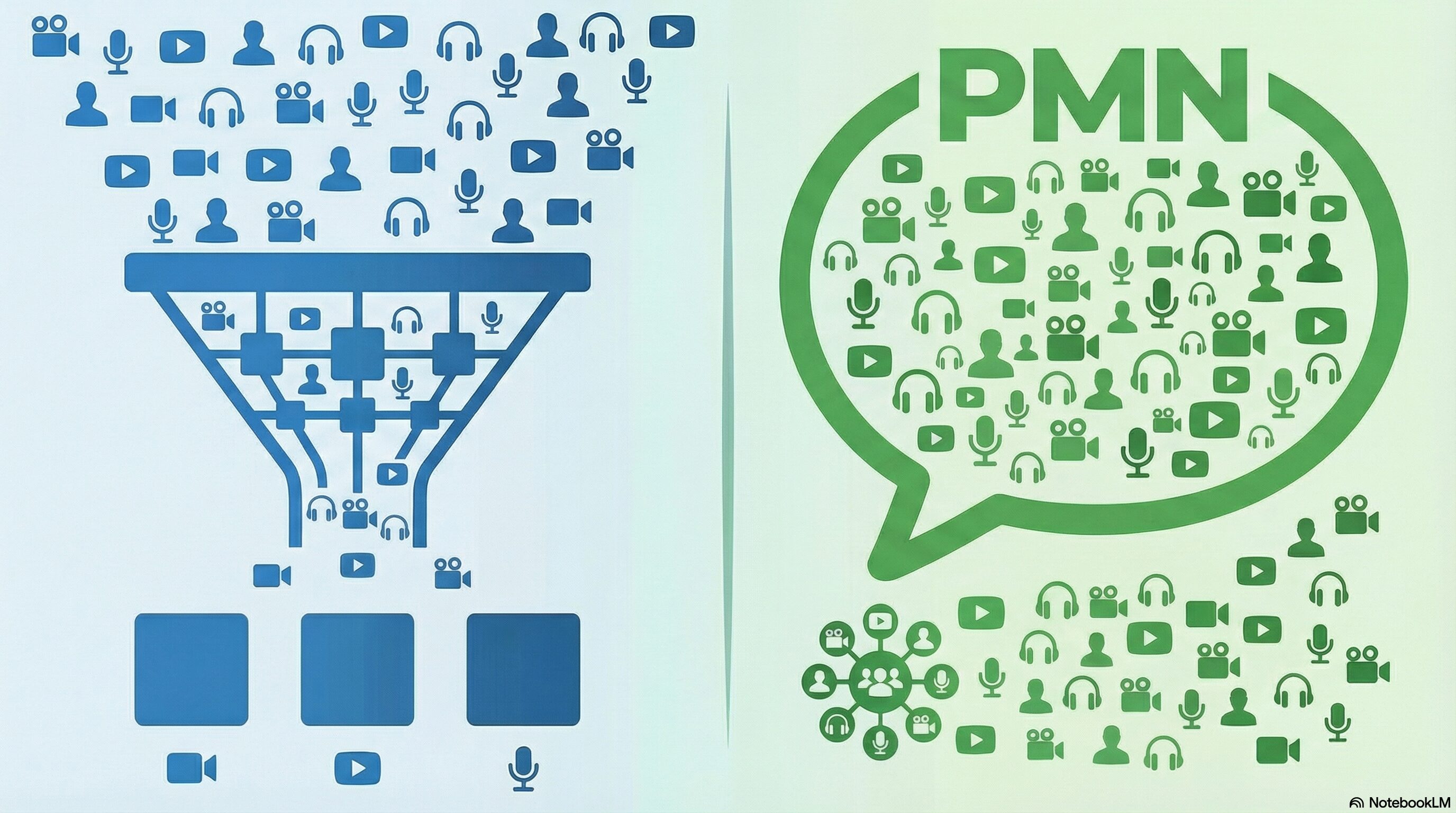 Alt text: A side-by-side illustration contrasting two media models. On the left, a blue funnel filters many media voices — represented by icons for video, audio, and people — down to a few controlled outputs, representing corporate media consolidation. On the right, a green speech bubble filled with the same variety of media icons surrounds the PMN logo, representing an open, community-centered media network where many voices are heard.