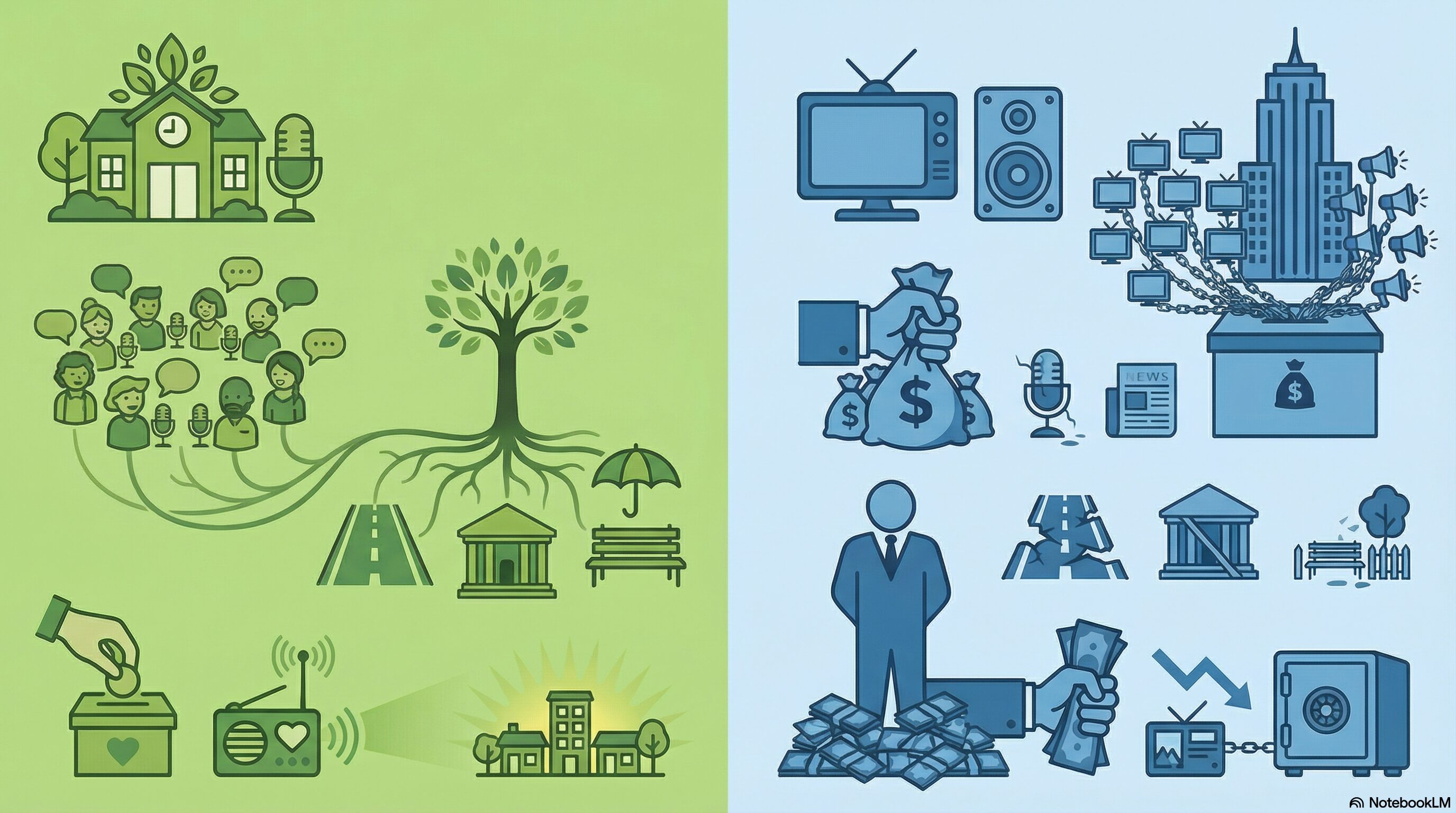 An illustrated graphic contrasting community media and corporate media. On the left, a green panel shows a community-rooted media ecosystem — people with microphones, a local broadcast station, public infrastructure icons, and community investment. On the right, a blue panel depicts corporate media consolidation — a skyscraper controlling chained screens, money changing hands, and crumbling public spaces. Created with NotebookLM.
