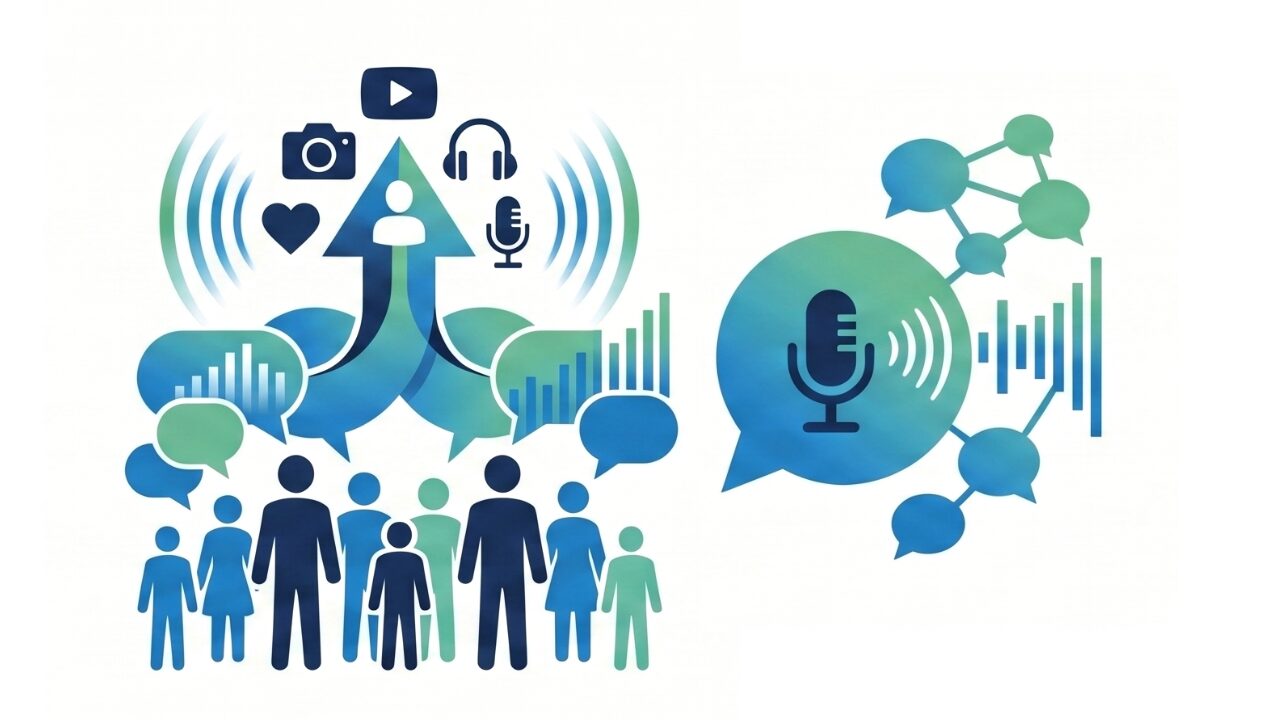 An illustration showing a diverse group of people surrounded by media and communication icons — including a microphone, camera, speech bubbles, and data charts — alongside a network diagram connecting voices and information, representing community media and public access to communication.
