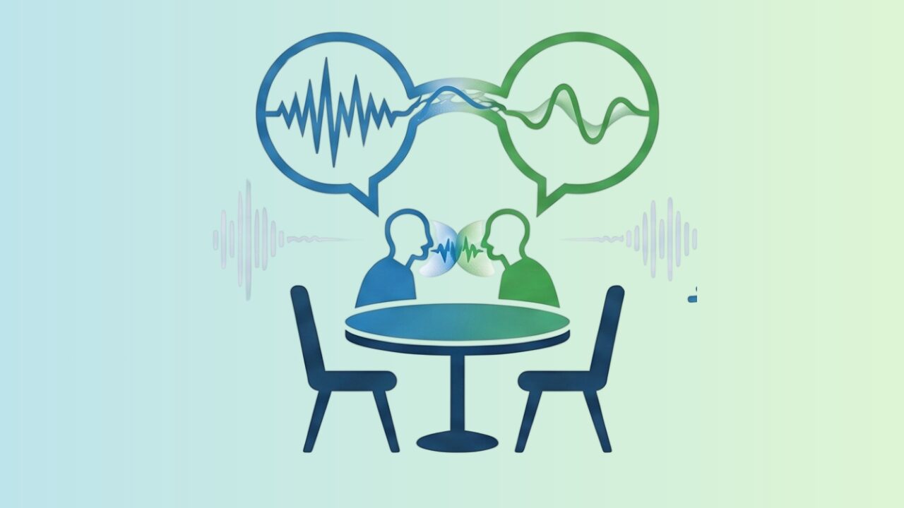 An illustration of two figures seated across from each other at a round table, each with a speech bubble containing audio waveforms, with sound waves radiating outward — suggesting active dialogue and the exchange of ideas.