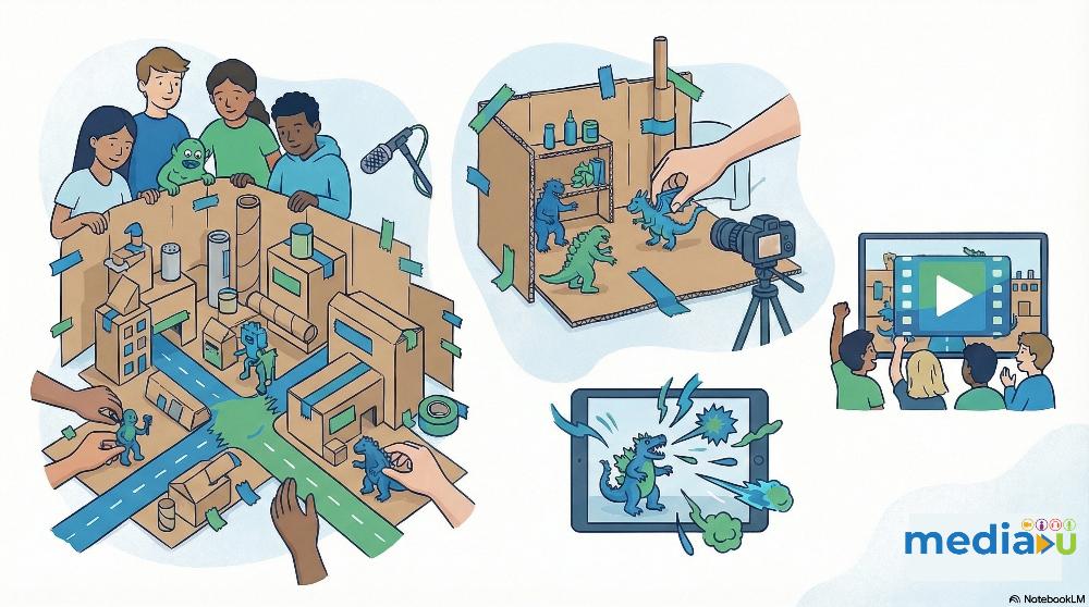 sketch style images of kids making a monster movie scene with cardboard buildings, clay, and a camera
