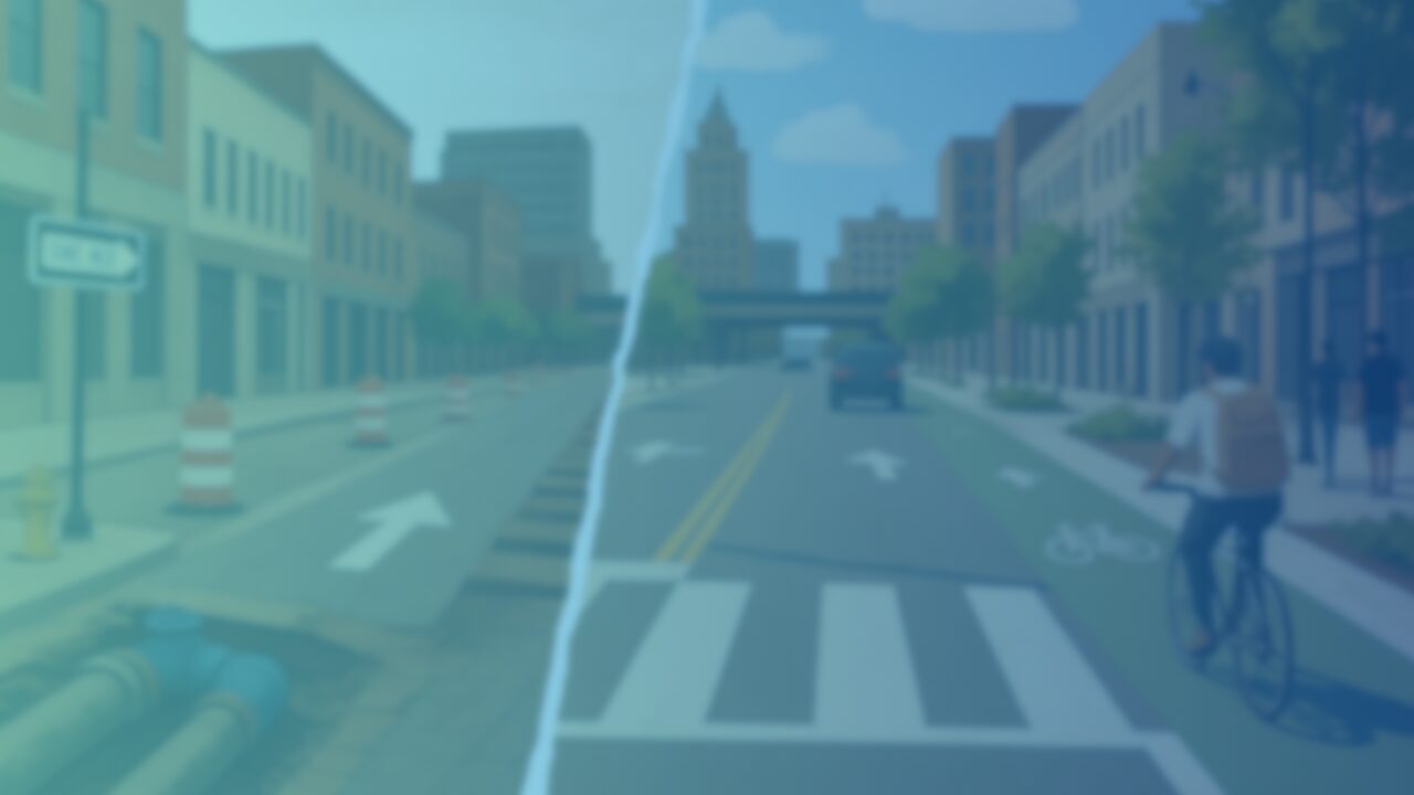 A wide, split-scene illustration of a downtown street transformation. The left half shows an aging one-way urban roadway under construction, with cracked pavement, exposed underground utility pipes, orange construction barrels, and a one-way traffic sign. Brick buildings line the street beneath a cloudy sky. The right half depicts a completed streetscape with a two-way road, protected bike lane, crosswalks, trees, landscaping, cyclists, pedestrians, and modernized infrastructure under bright blue skies. The image visually contrasts a deteriorating past with a greener, more pedestrian-friendly future.