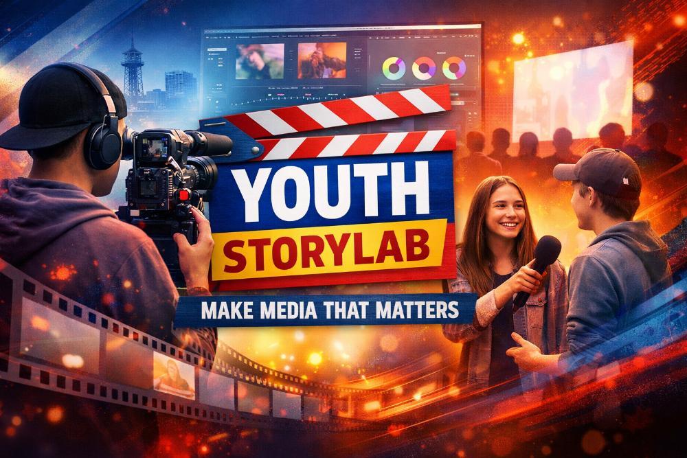 Kids with media equipment in background and Youth StoryLab Make Media That Matters in text on a video clapboard
