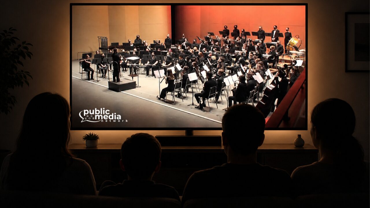 silohuettes of people watching a concert at home