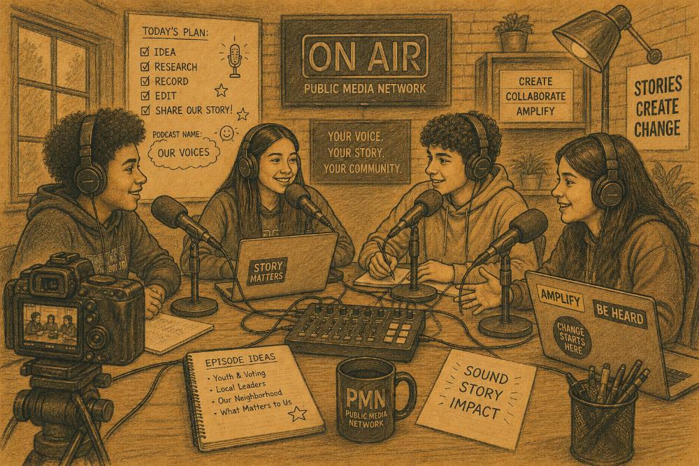 Sketch image of youth sitting with microphones and media equipment for a podcast production